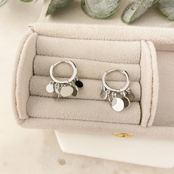925 Sterling Silver Coin Huggie Earrings Dangle Coin Hoop Earrings Small Hoops - Picture 4 of 9